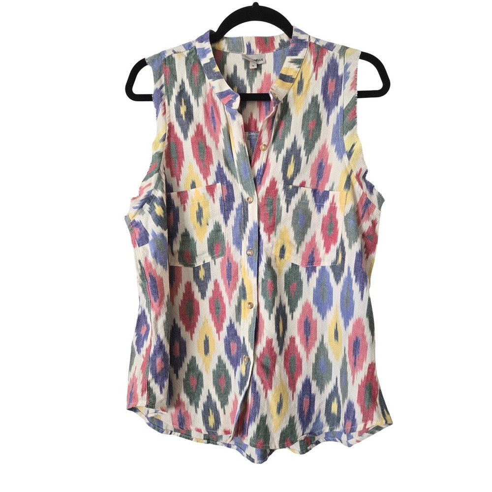The Odells Womens M Sleeveless Button Down Top Multicolor Ikat Cotton Bohemian